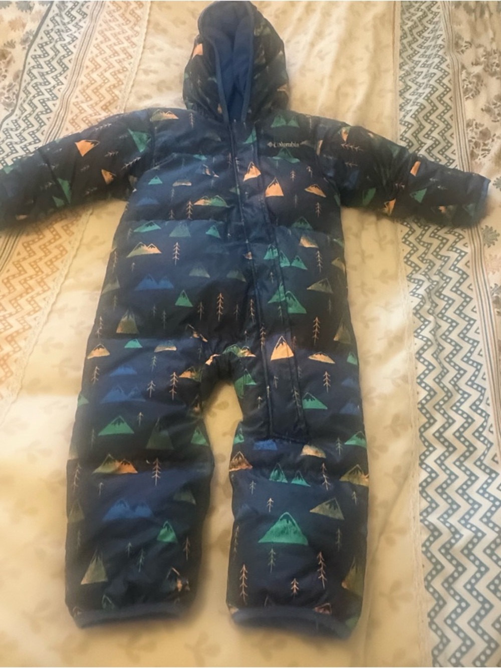 Columbia Navy Hooded Mountain-Print Insulated Kids One-Piece